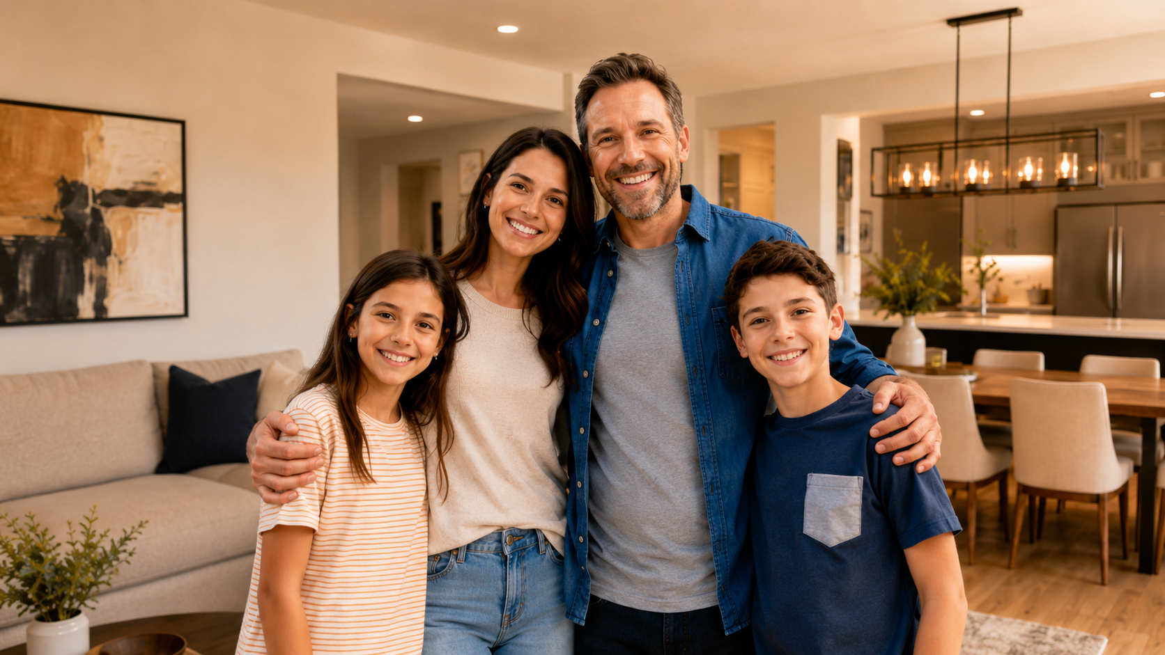Familia feliz frente a una casa como propietarios